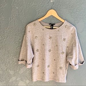 H&M Grey Melange Boxy Shirt w/ Rhinestones